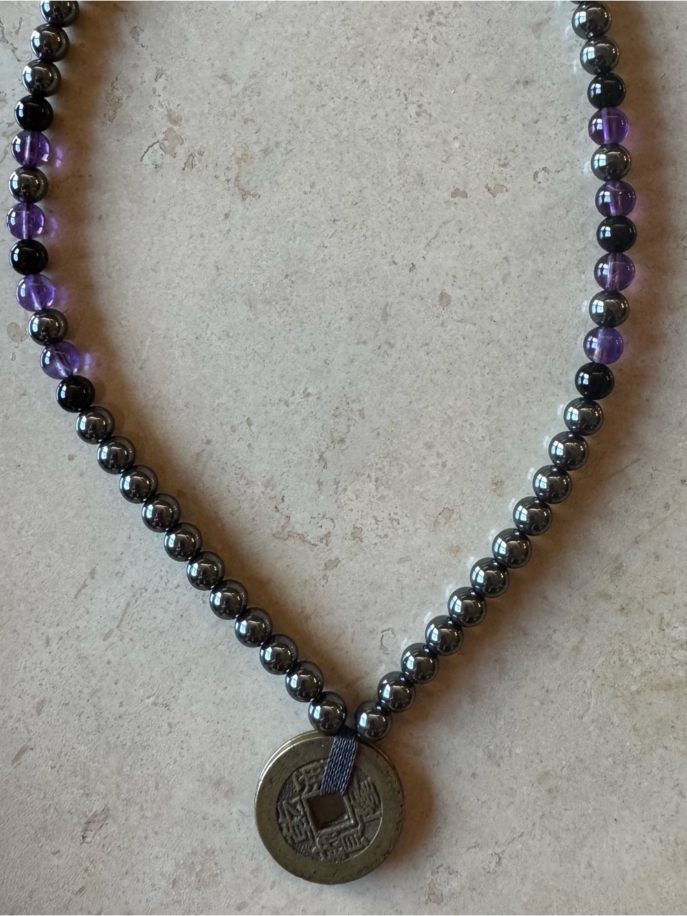 ENERGY MUSE Hematite Bead Necklace with Amethyst Accent and ancient Coin Pendant